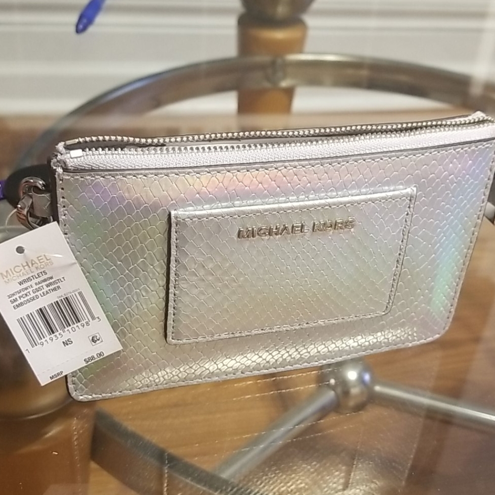 Iridescent embossed leather wristlet